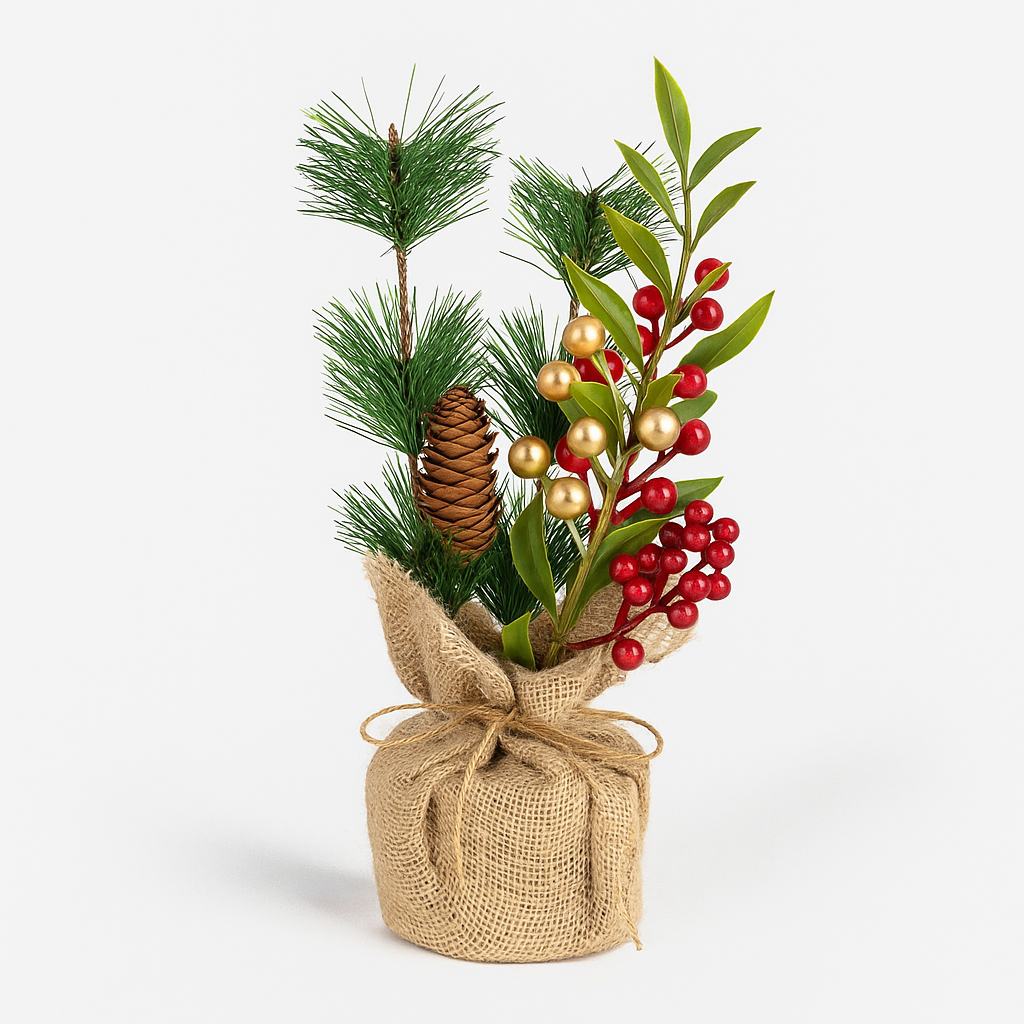 Arranjo natalino com pinha e frutos vermelhos